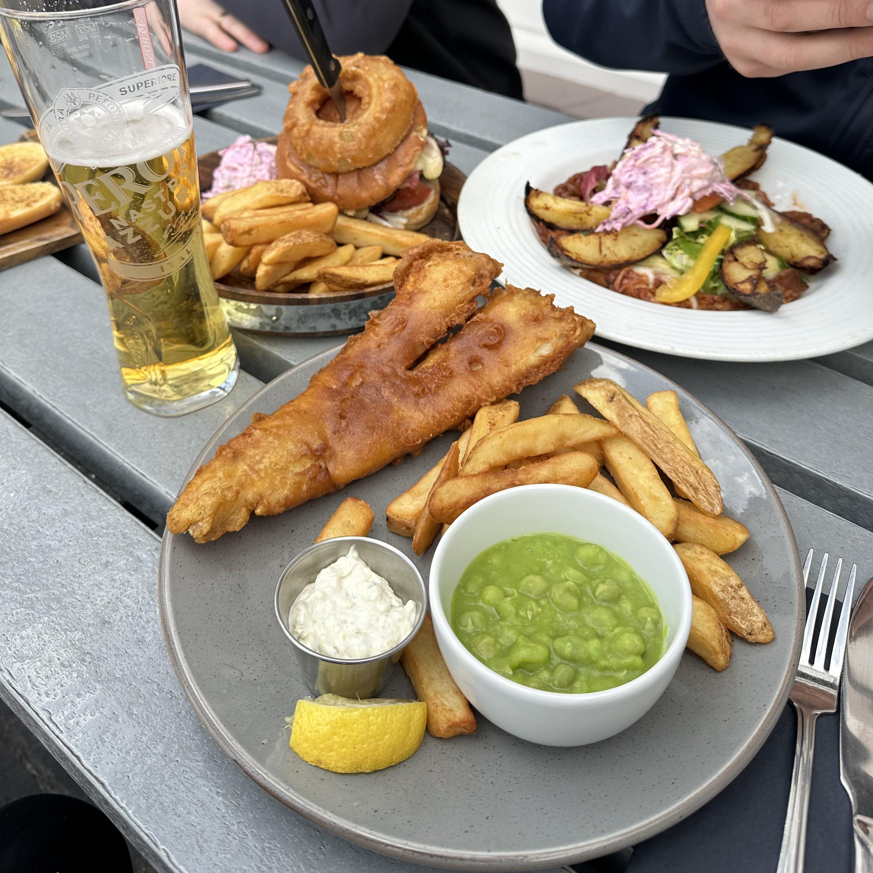Fish and chips meal with mushy peas and tartare sauce at The Bristol Trader