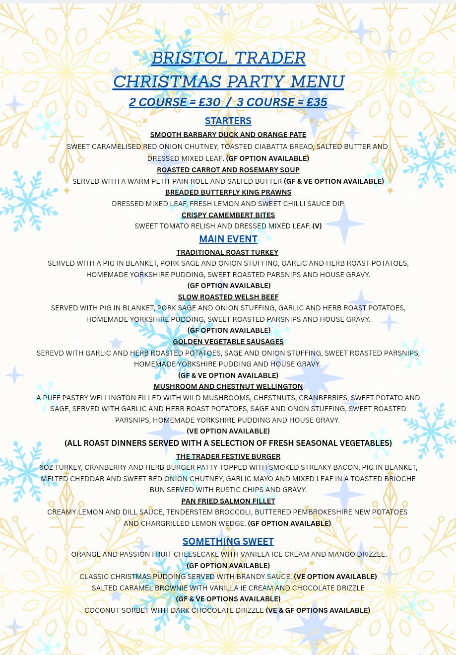 Example menu from The Bristol Trader