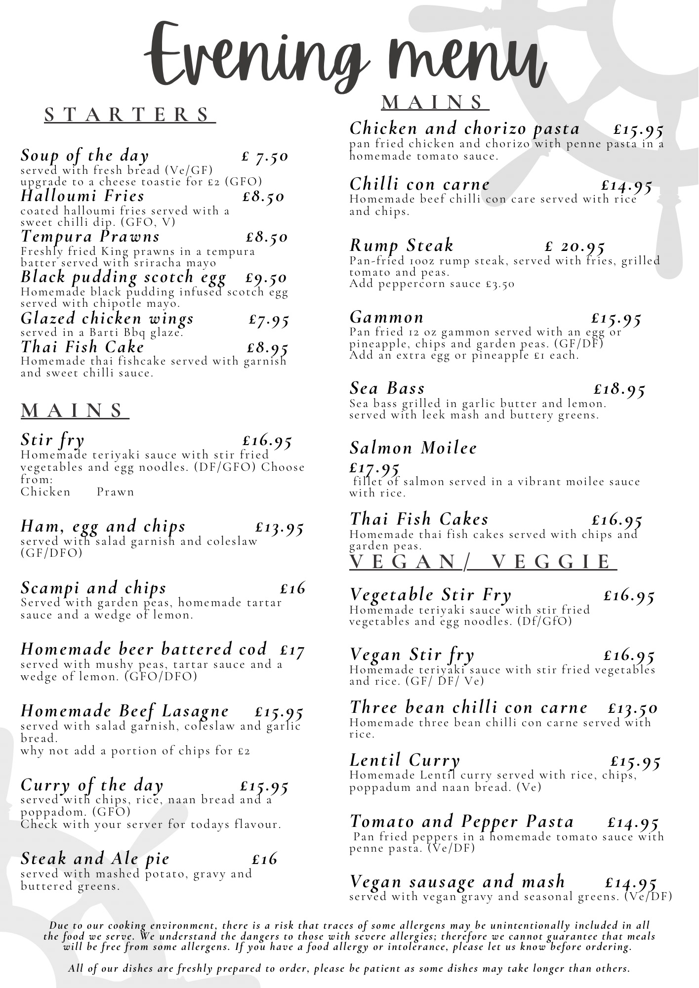 Example menu from The Bristol Trader