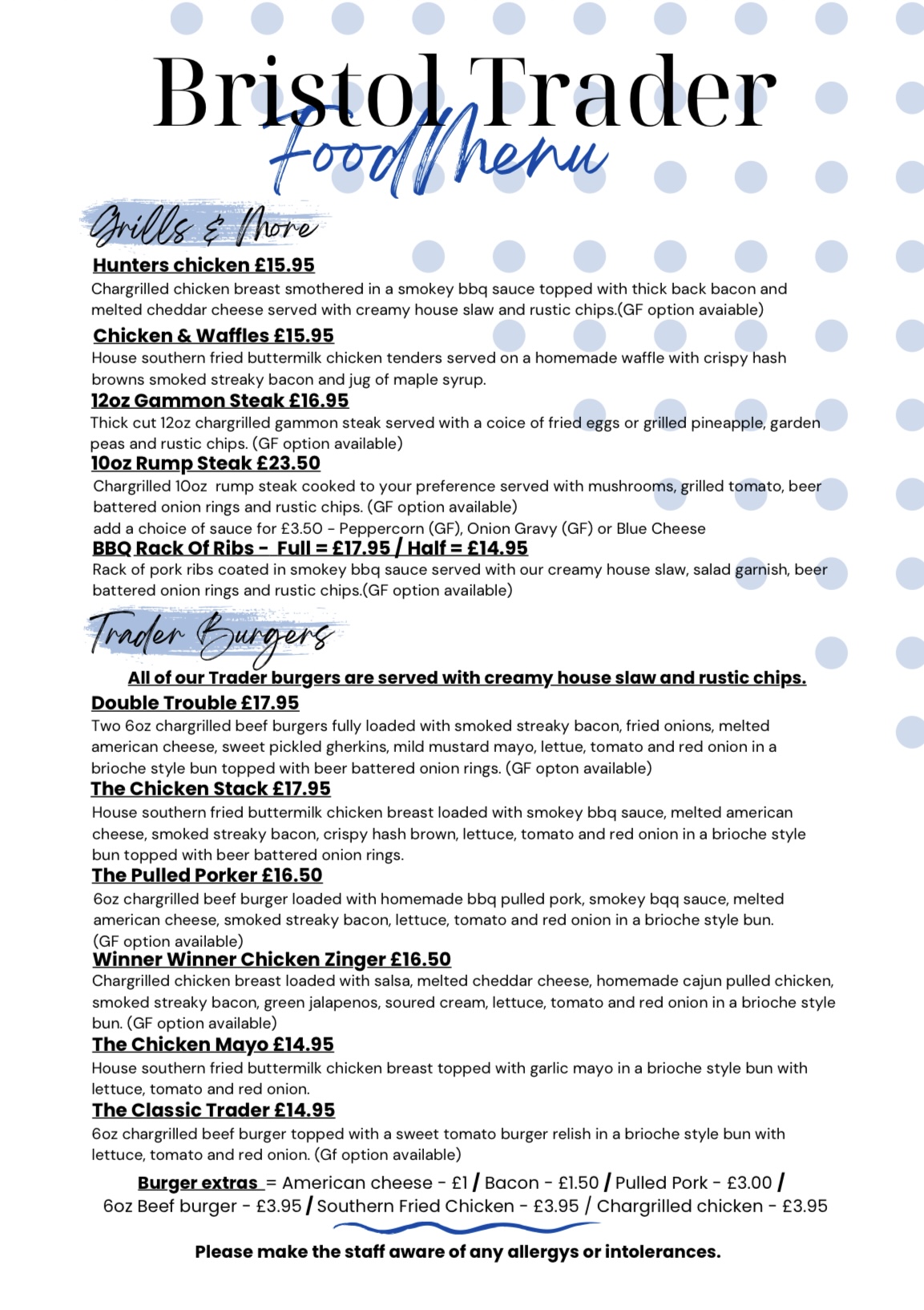 Example menu from The Bristol Trader