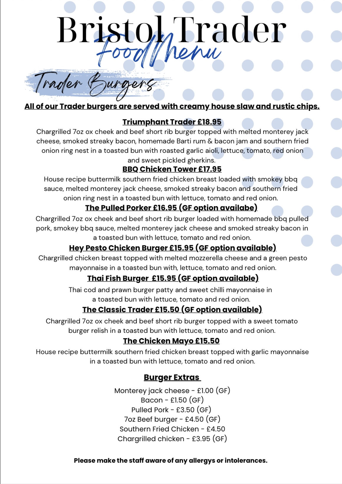 Example menu from The Bristol Trader